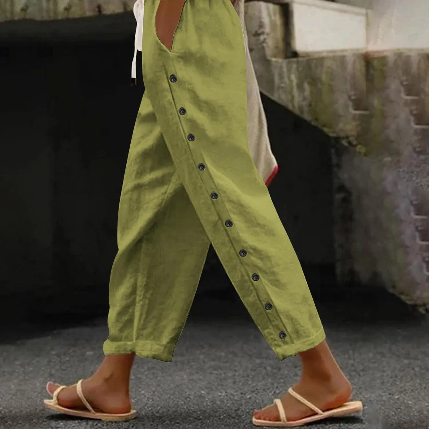Casual Linen Pants for Women Side Button up Breathable Summer Trousers Elastic High Waist Pant Solid Retro Pant 2025