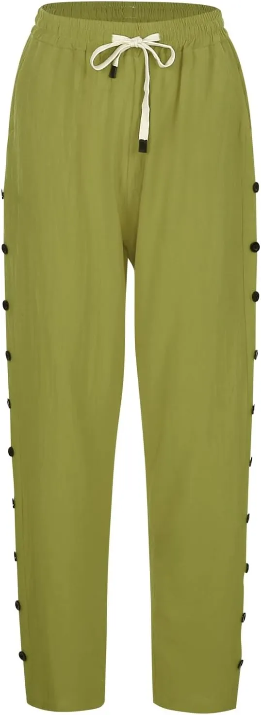 Casual Linen Pants for Women Side Button up Breathable Summer Trousers Elastic High Waist Pant Solid Retro Pant 2025