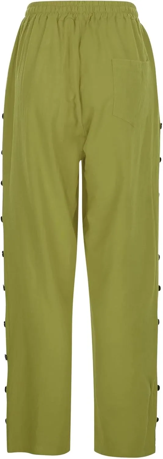 Casual Linen Pants for Women Side Button up Breathable Summer Trousers Elastic High Waist Pant Solid Retro Pant 2025