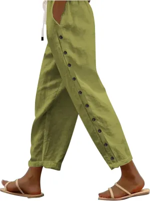 Casual Linen Pants for Women Side Button up Breathable Summer Trousers Elastic High Waist Pant Solid Retro Pant 2025