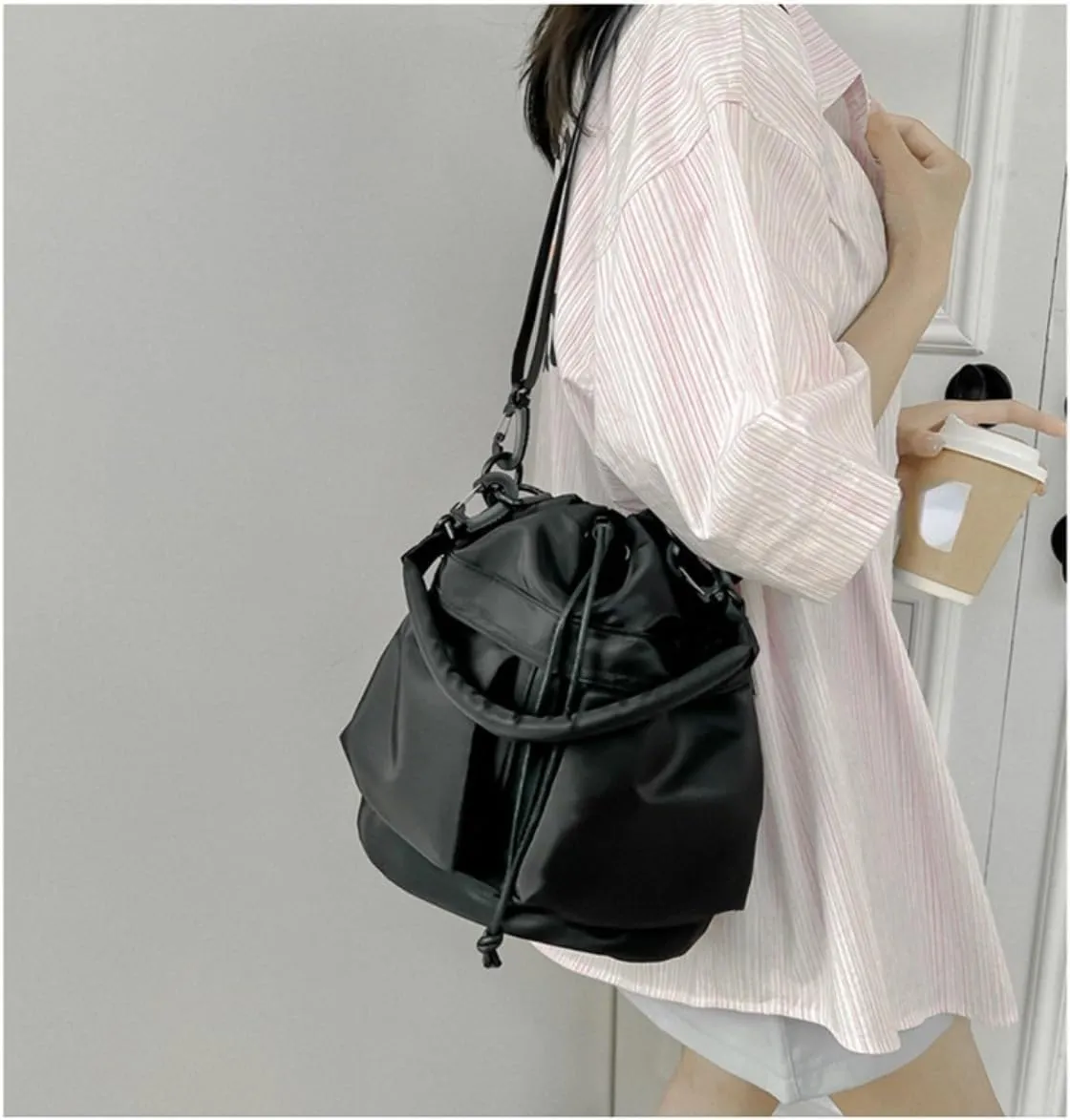 Chic Sporty Shoulder Bag Crossbody Bucket Bag Nylon Tote with Trendy Drawstring - Casual Carryall