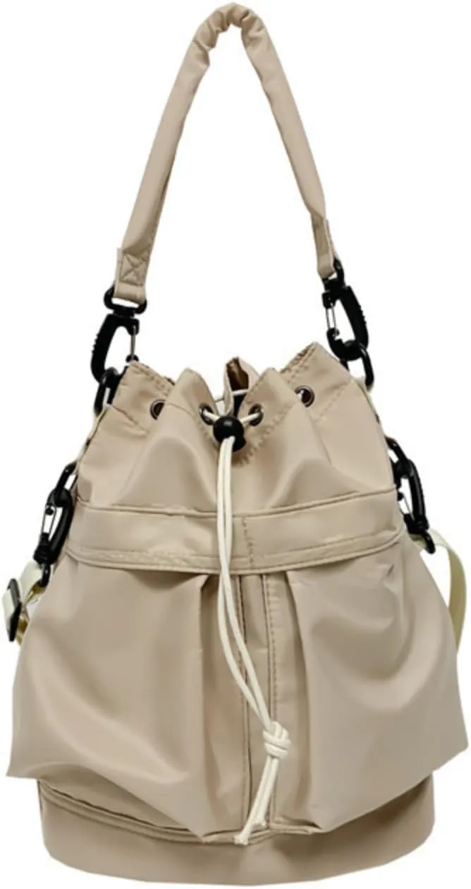 Chic Sporty Shoulder Bag Crossbody Bucket Bag Nylon Tote with Trendy Drawstring - Casual Carryall