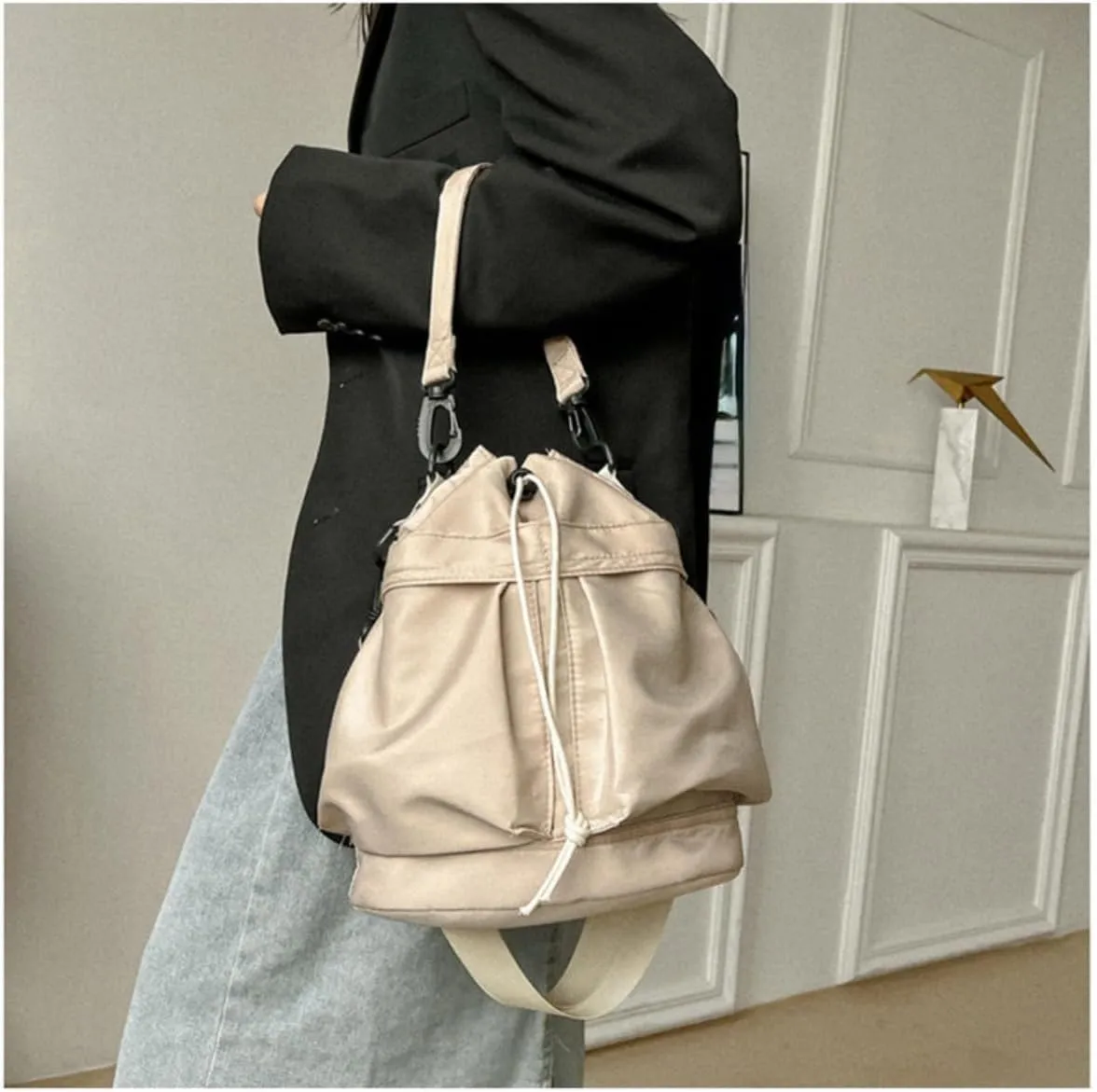 Chic Sporty Shoulder Bag Crossbody Bucket Bag Nylon Tote with Trendy Drawstring - Casual Carryall