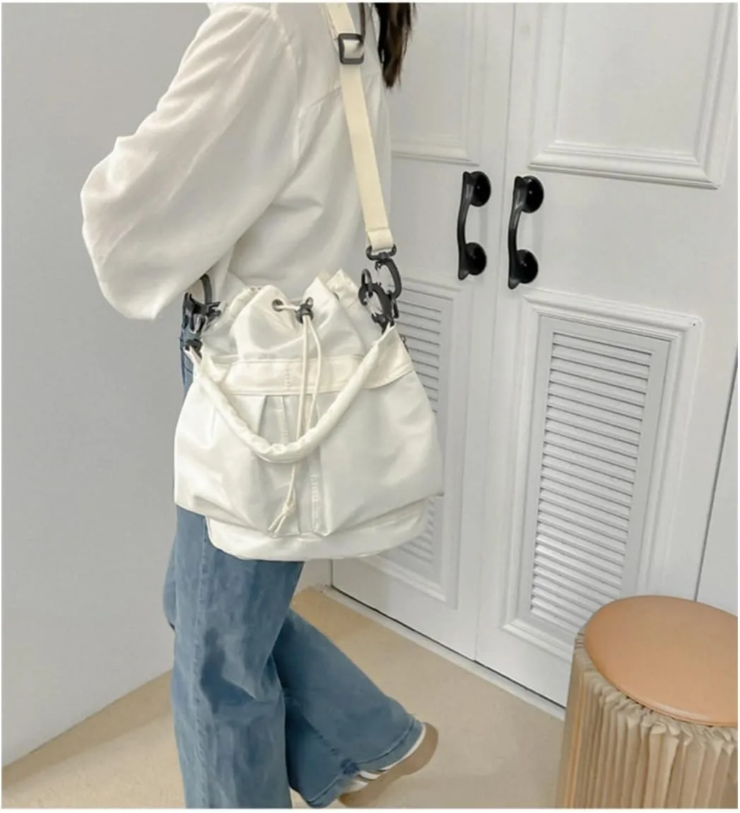 Chic Sporty Shoulder Bag Crossbody Bucket Bag Nylon Tote with Trendy Drawstring - Casual Carryall