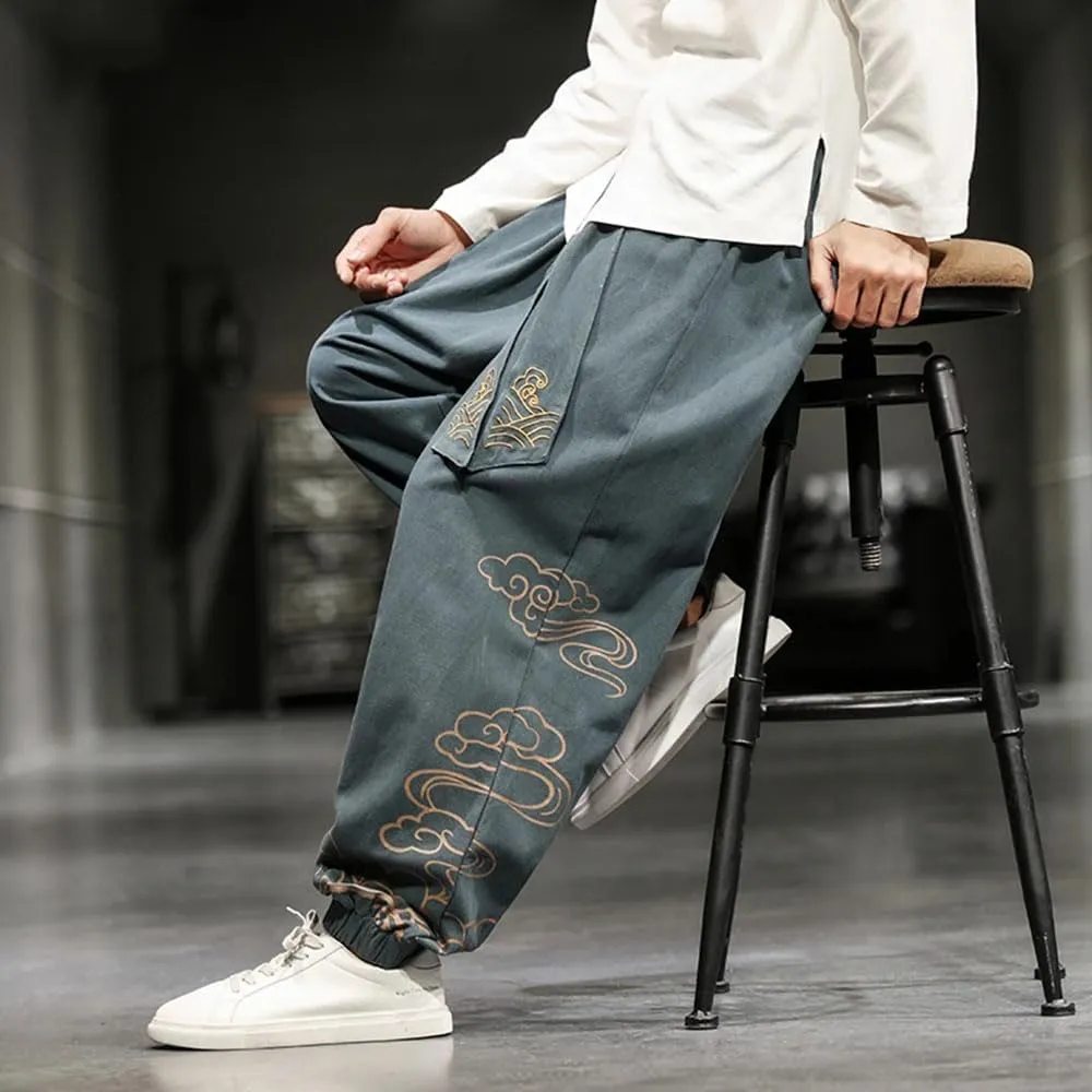 Chinese Style Retro Print Pants Men Autumn Loose Casual Plus Size Harem Pants