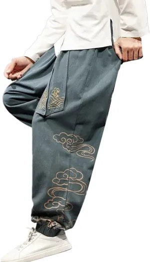 Chinese Style Retro Print Pants Men Autumn Loose Casual Plus Size Harem Pants