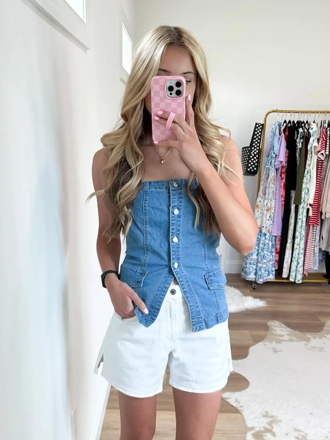 Cicy Bell Womens Strapless Denim Vest Summer Button Down Jean Tube Tops Y2k Going Out Fitted Bandeau Shirts Waistcoat