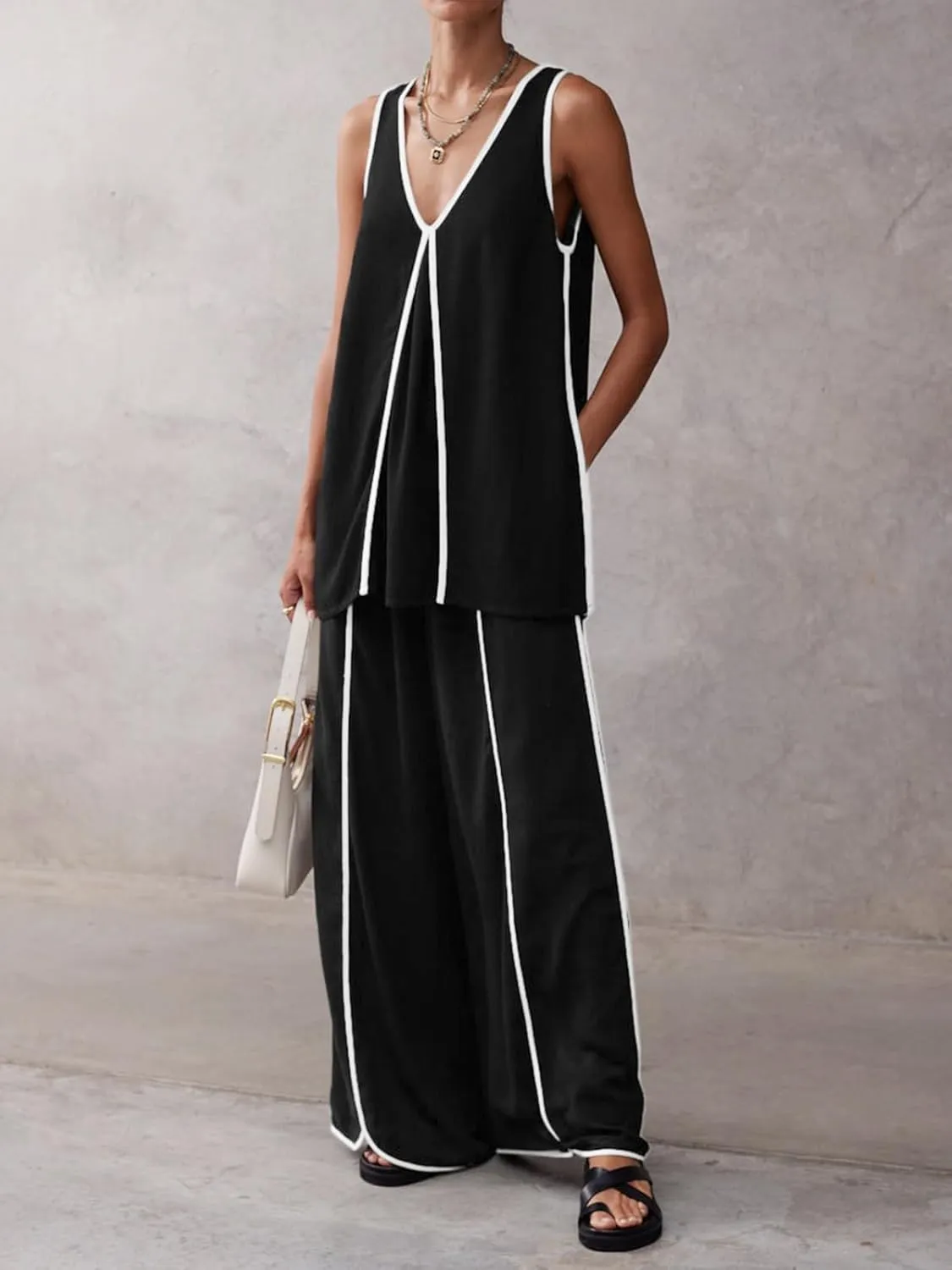 Cicy Bell Womens Summer Lounge Sets V Neck Sleeveless Tunic Tops Pajamas Sets Comfy Loungwear Wide Leg Pants 2 Piece Outfits