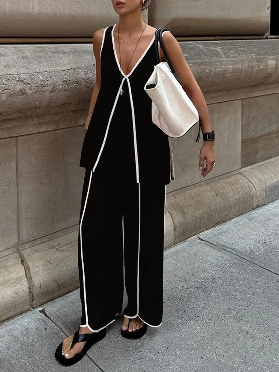 Cicy Bell Womens Summer Lounge Sets V Neck Sleeveless Tunic Tops Pajamas Sets Comfy Loungwear Wide Leg Pants 2 Piece Outfits