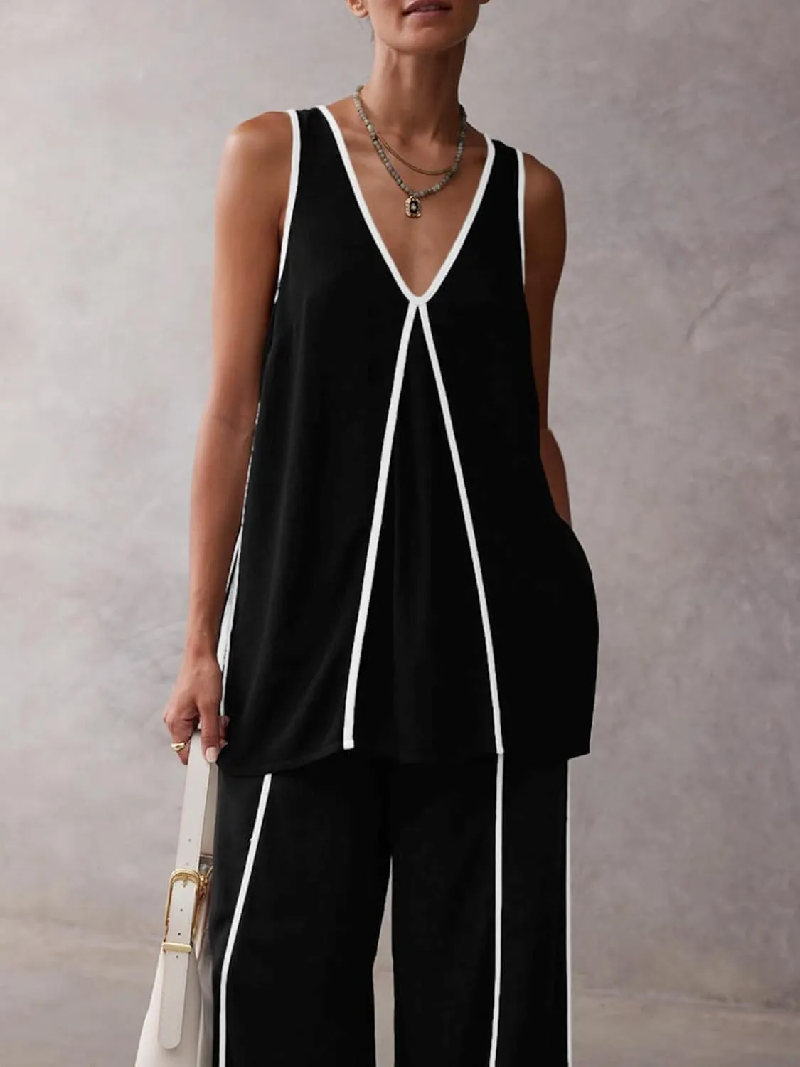 Cicy Bell Womens Summer Lounge Sets V Neck Sleeveless Tunic Tops Pajamas Sets Comfy Loungwear Wide Leg Pants 2 Piece Outfits