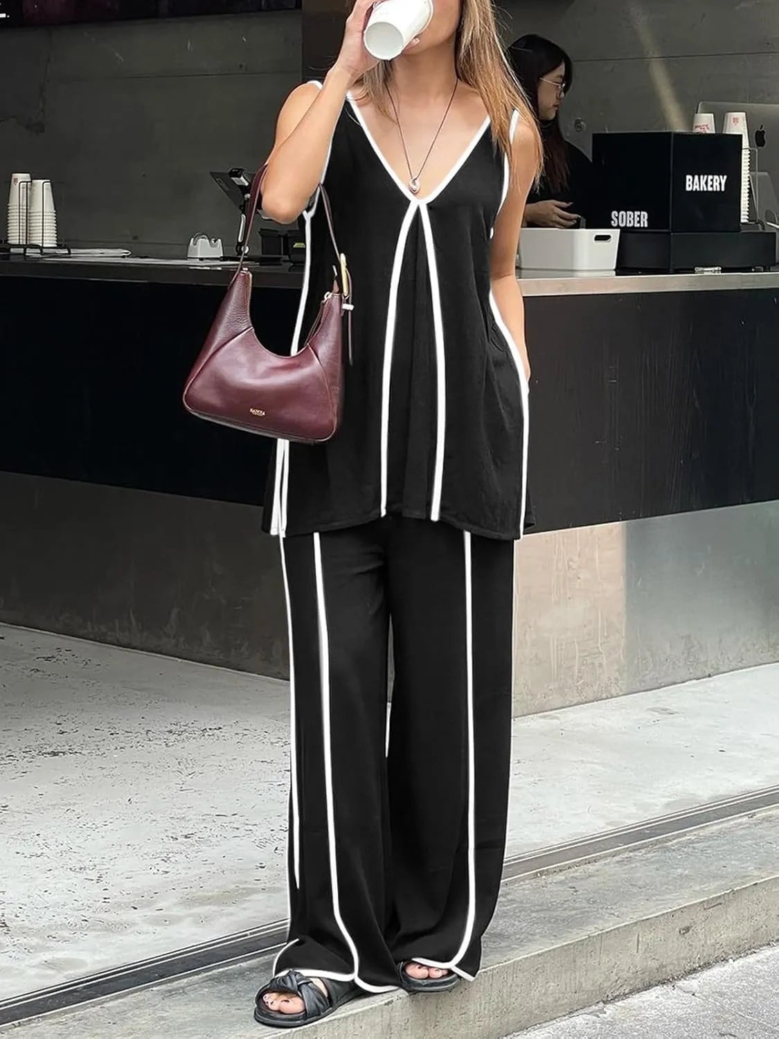 Cicy Bell Womens Summer Lounge Sets V Neck Sleeveless Tunic Tops Pajamas Sets Comfy Loungwear Wide Leg Pants 2 Piece Outfits