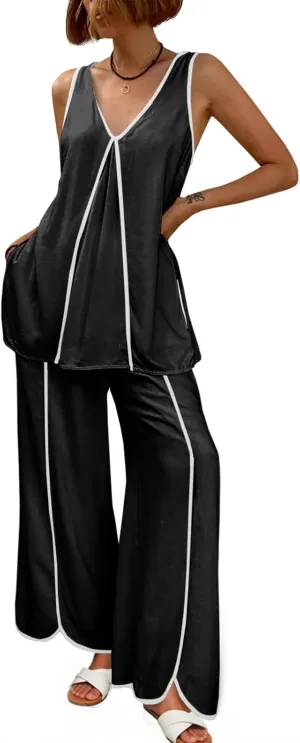 Cicy Bell Womens Summer Lounge Sets V Neck Sleeveless Tunic Tops Pajamas Sets Comfy Loungwear Wide Leg Pants 2 Piece Outfits