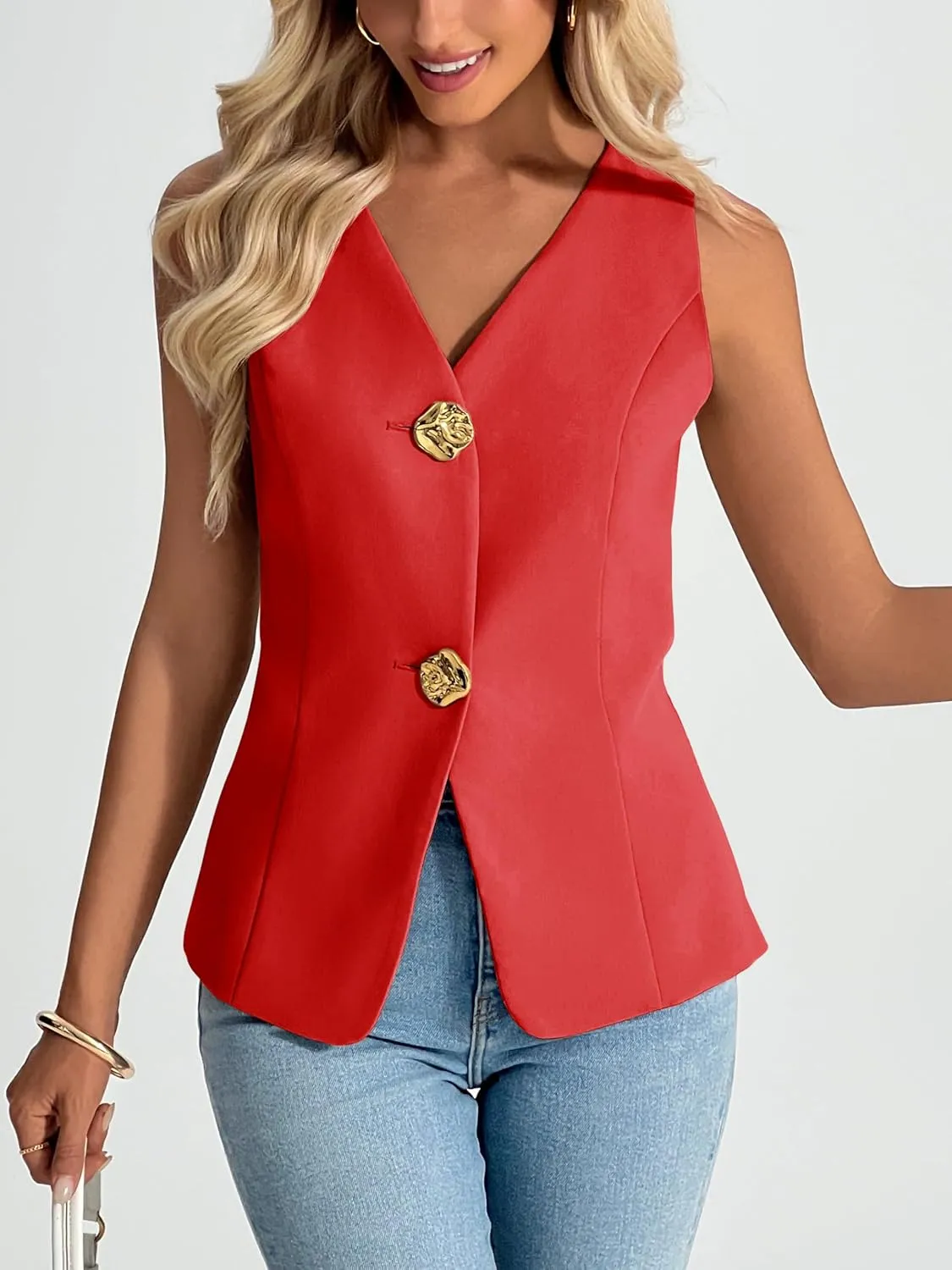 Cicy Bell Womens Summer V Neck Vest Tops Button up Sleeveless Casual Waistcoat Business Fitted Blazer vest