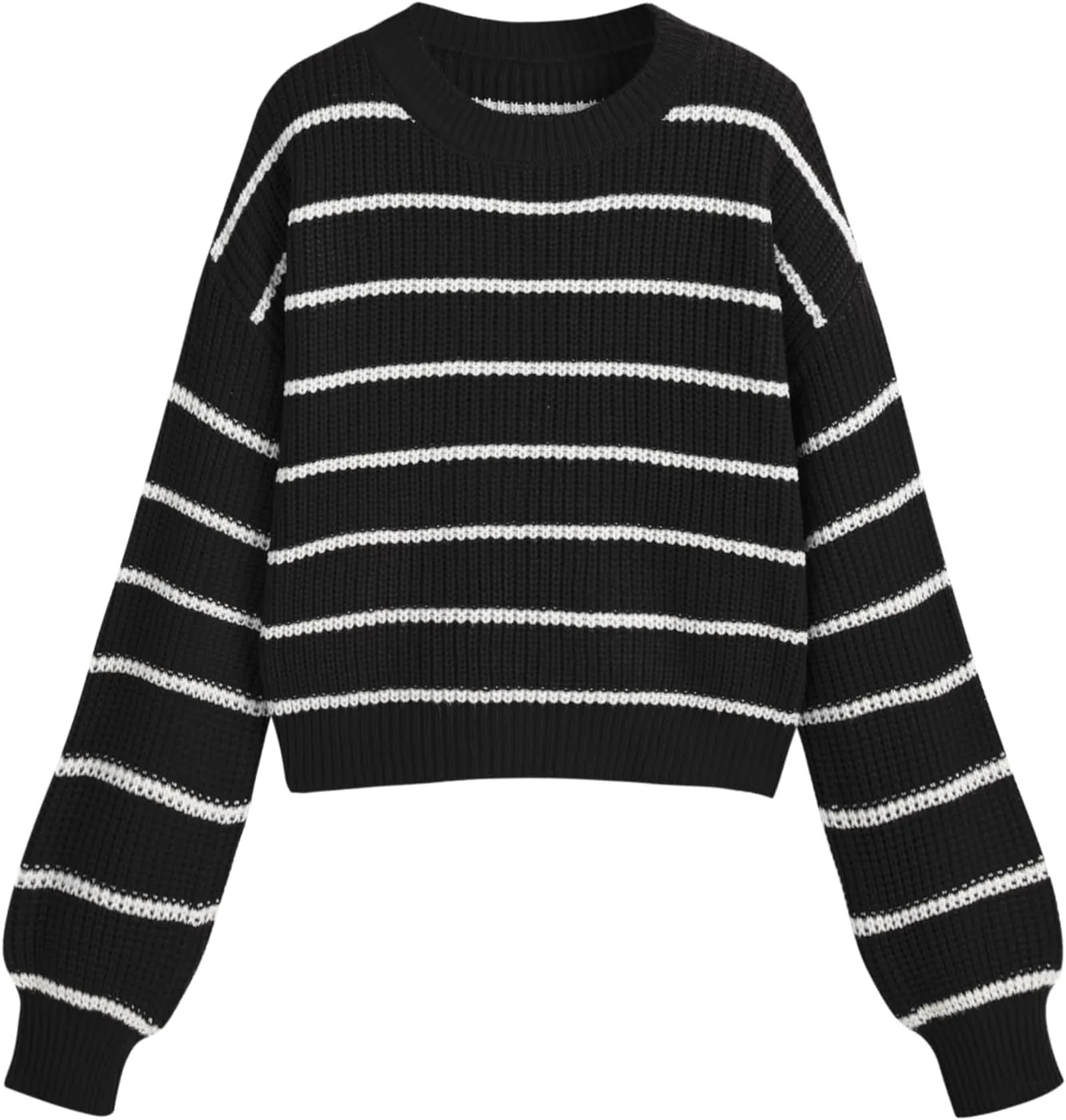 CIDER Womens Cropped Striped Sweater Long Sleeve Crew Neck Trendy Pullover Tops