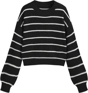 CIDER Womens Cropped Striped Sweater Long Sleeve Crew Neck Trendy Pullover Tops
