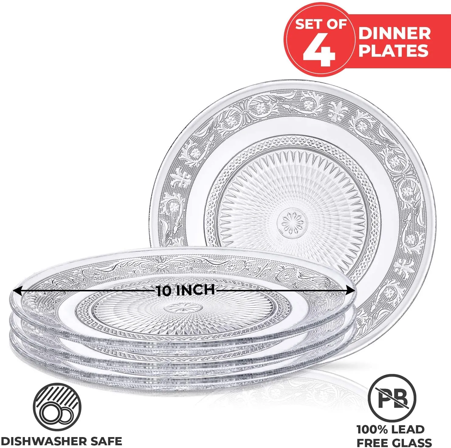 Clear Glass Dinner Plate - Set of 4 -  10 Inch