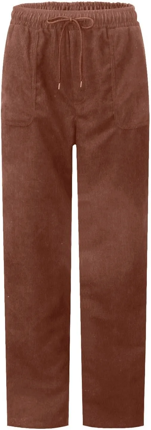 Corduroy Pants Women High Waisted Drawstring Casual Straight Leg Pants Loose Comfy Lounge Pants Trousers with Pockets