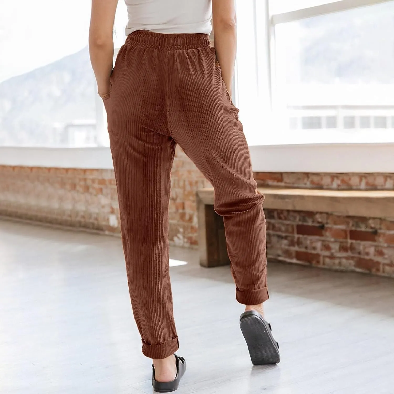 Corduroy Pants Women High Waisted Drawstring Casual Straight Leg Pants Loose Comfy Lounge Pants Trousers with Pockets