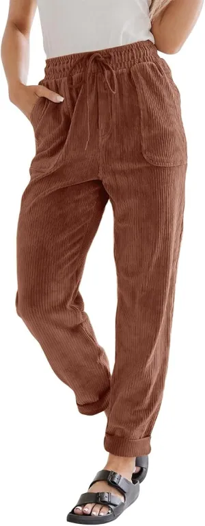 Corduroy Pants Women High Waisted Drawstring Casual Straight Leg Pants Loose Comfy Lounge Pants Trousers with Pockets
