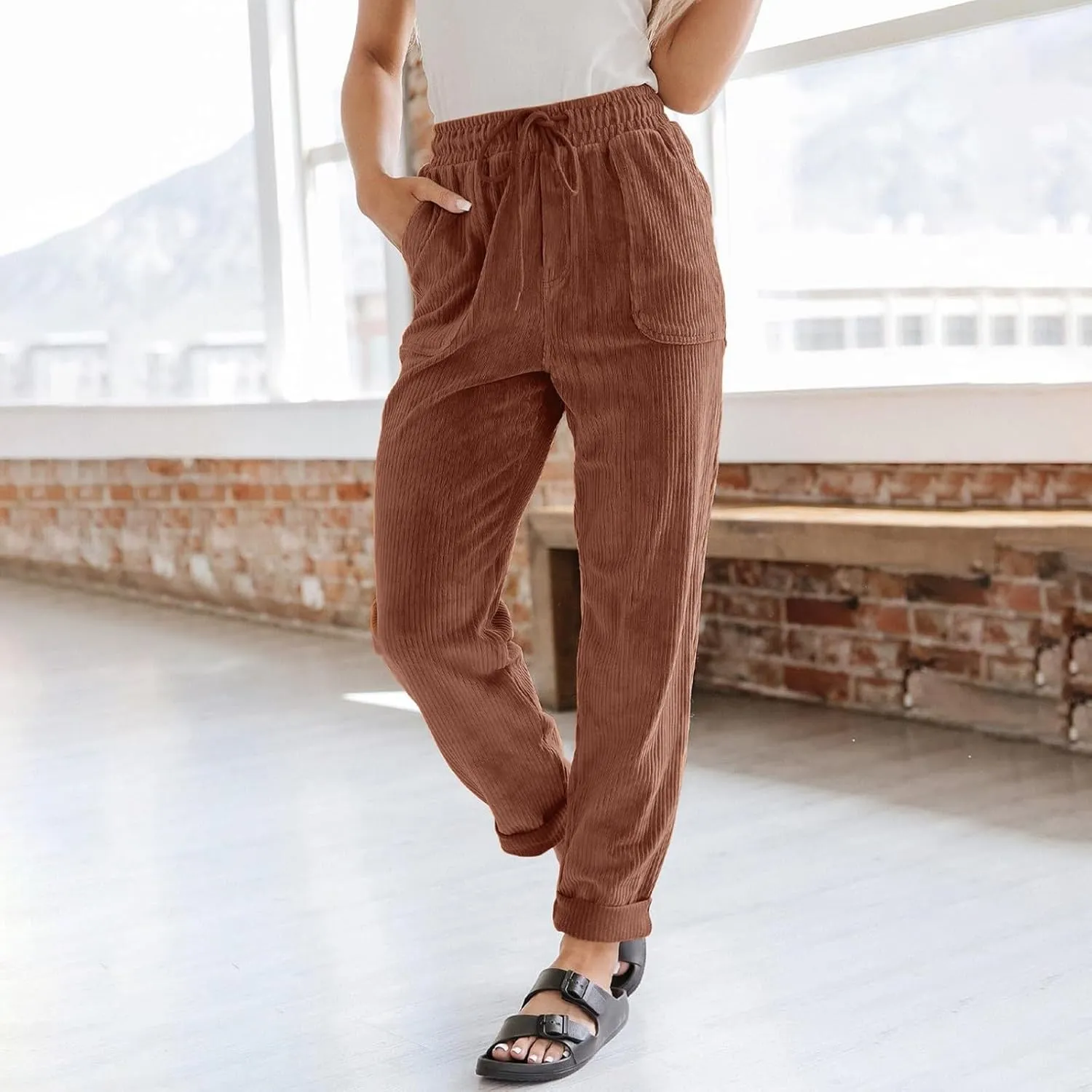 Corduroy Pants Women High Waisted Drawstring Casual Straight Leg Pants Loose Comfy Lounge Pants Trousers with Pockets