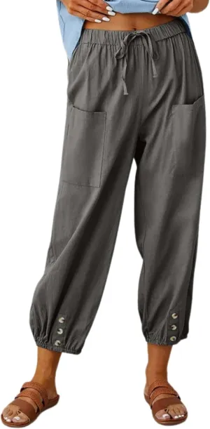 Cotton Linen Capri Pants for Women Summer Casual Plus Size High Waist Elastic Drawstring Button Trouser with Pockets