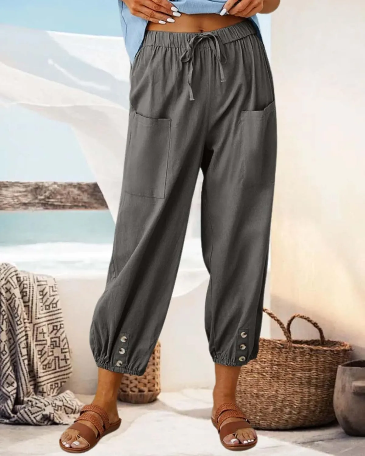 Cotton Linen Capri Pants for Women Summer Casual Plus Size High Waist Elastic Drawstring Button Trouser with Pockets