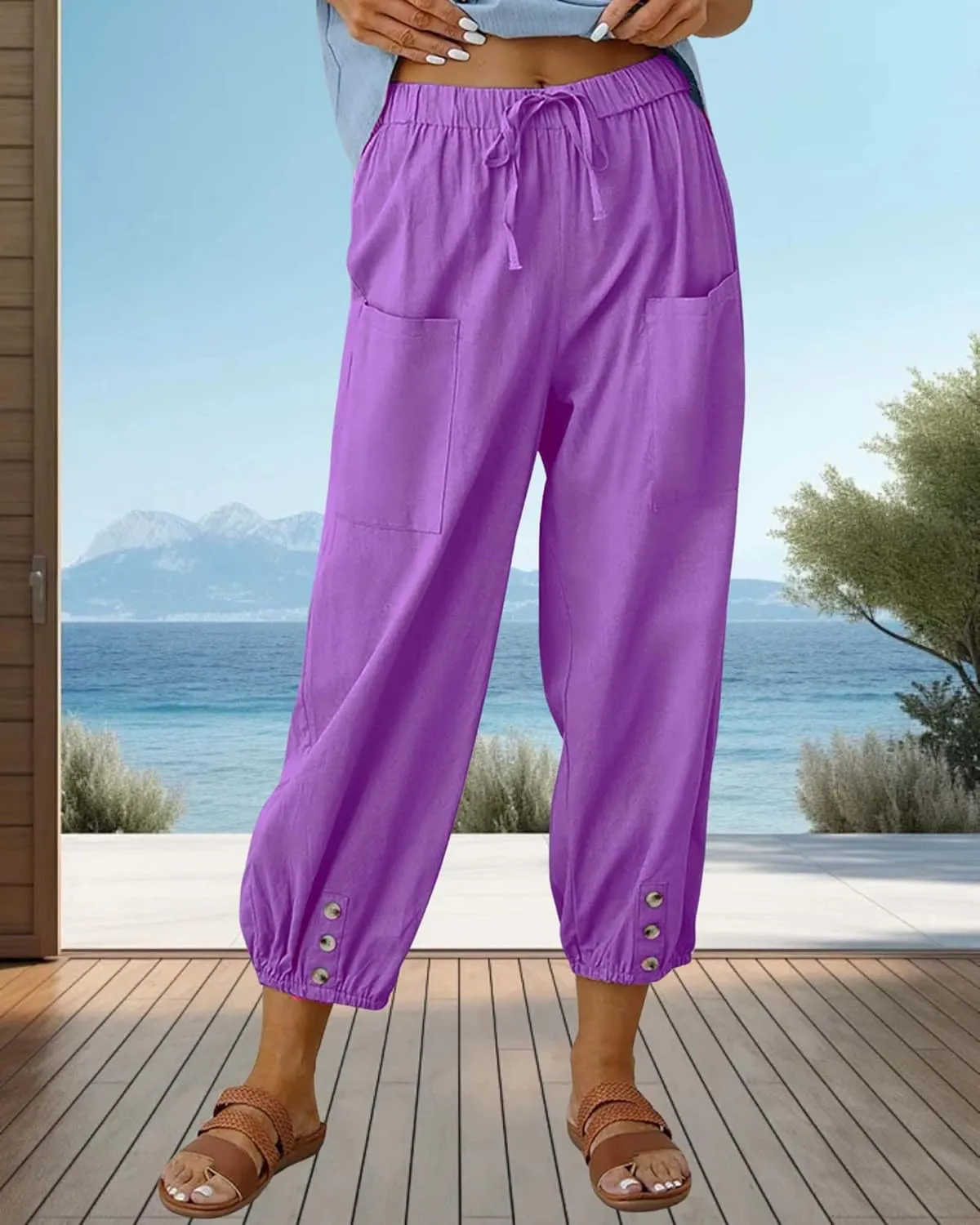 Cotton Linen Capri Pants for Women Summer Casual Plus Size High Waist Elastic Drawstring Button Trouser with Pockets