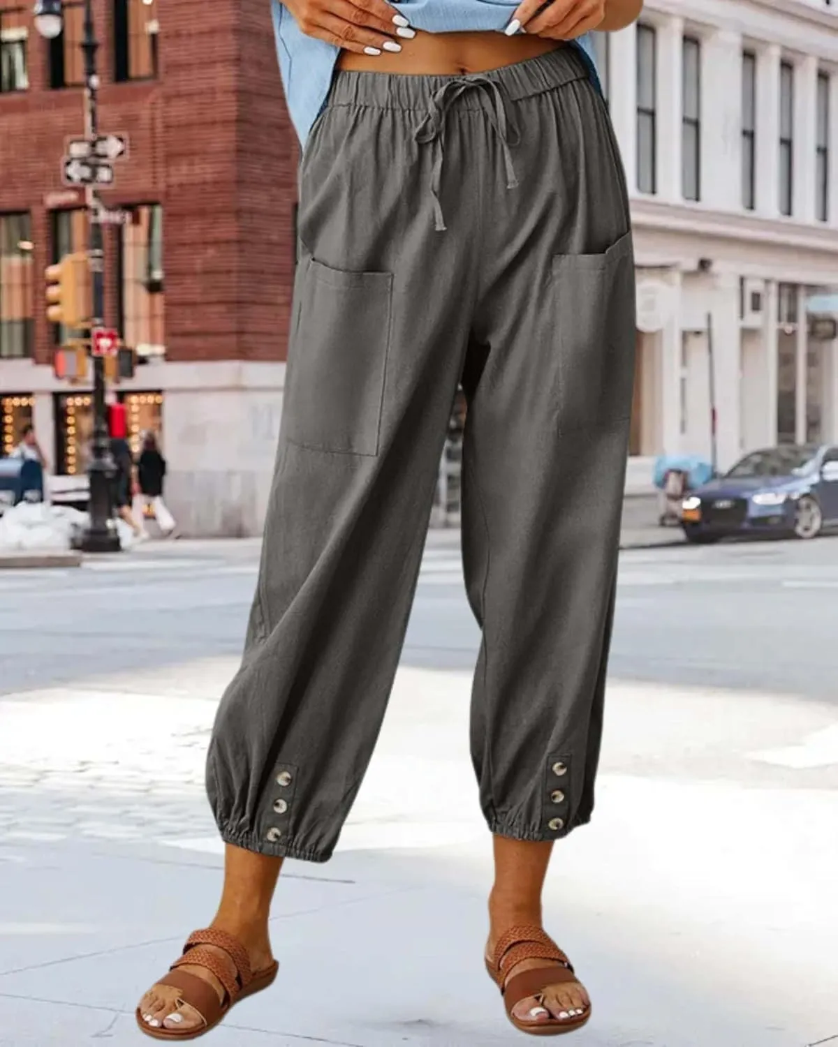 Cotton Linen Capri Pants for Women Summer Casual Plus Size High Waist Elastic Drawstring Button Trouser with Pockets