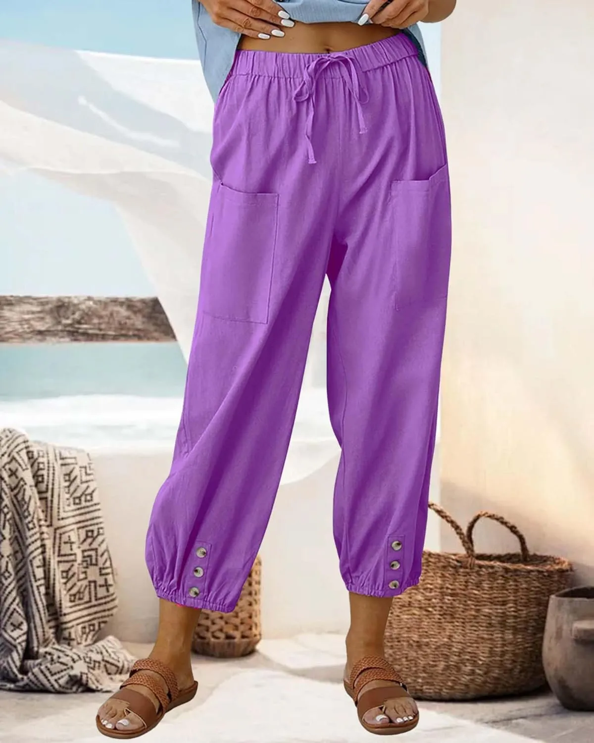 Cotton Linen Capri Pants for Women Summer Casual Plus Size High Waist Elastic Drawstring Button Trouser with Pockets