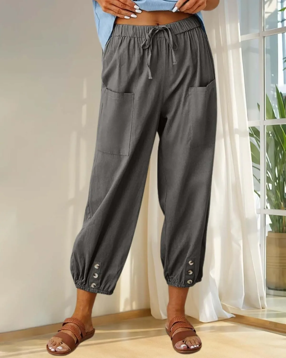 Cotton Linen Capri Pants for Women Summer Casual Plus Size High Waist Elastic Drawstring Button Trouser with Pockets