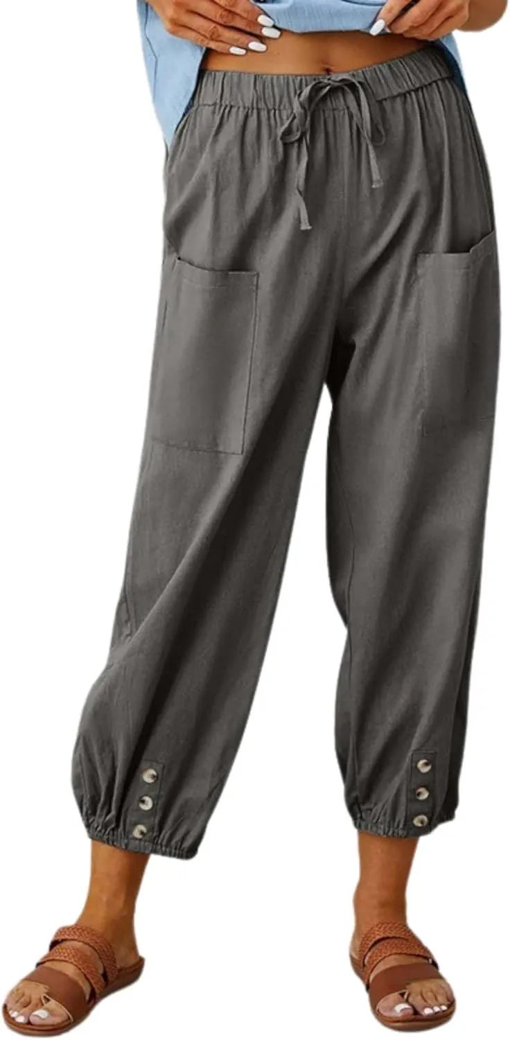 Cotton Linen Capri Pants for Women Summer Casual Plus Size High Waist Elastic Drawstring Button Trouser with Pockets