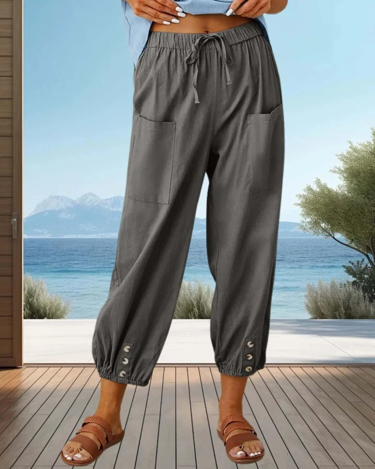 Cotton Linen Capri Pants for Women Summer Casual Plus Size High Waist Elastic Drawstring Button Trouser with Pockets
