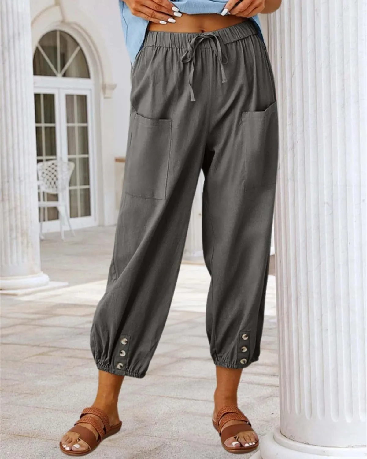Cotton Linen Capri Pants for Women Summer Casual Plus Size High Waist Elastic Drawstring Button Trouser with Pockets