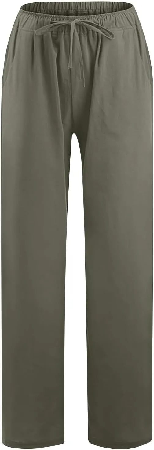 Cotton Linen Summer Pants Women Casual High Waist Drawstring Loose Fit Lightweight Long Palazzo Gauze Trousers