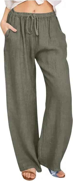 Cotton Linen Summer Pants Women Casual High Waist Drawstring Loose Fit Lightweight Long Palazzo Gauze Trousers
