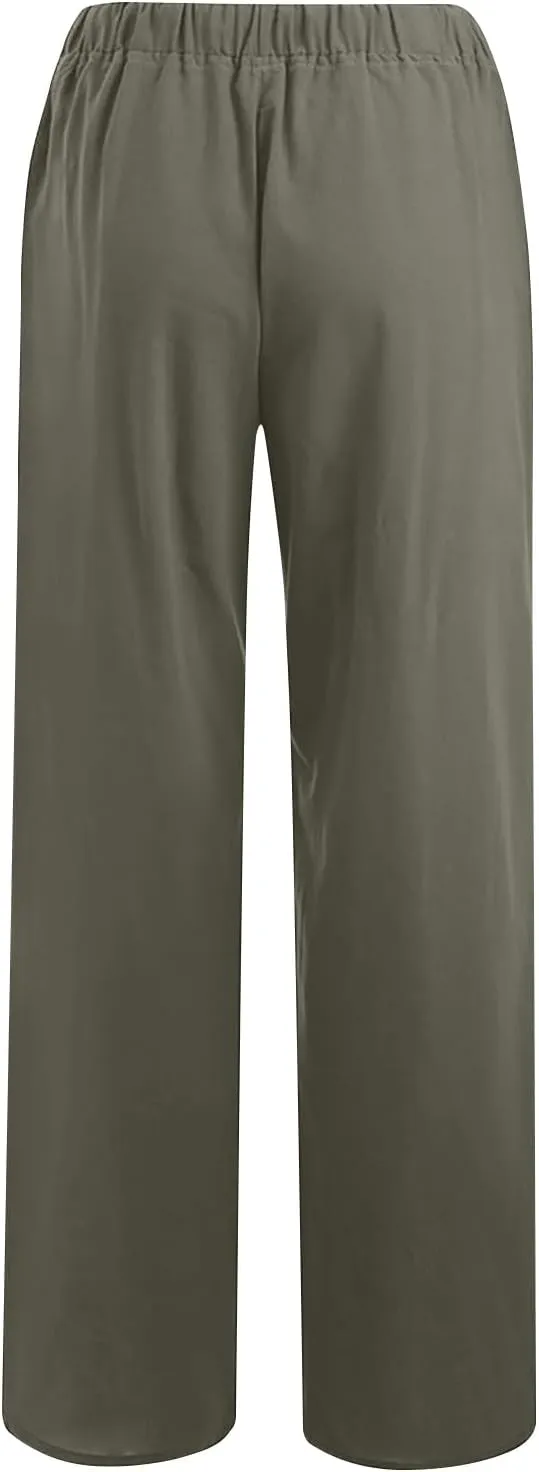 Cotton Linen Summer Pants Women Casual High Waist Drawstring Loose Fit Lightweight Long Palazzo Gauze Trousers