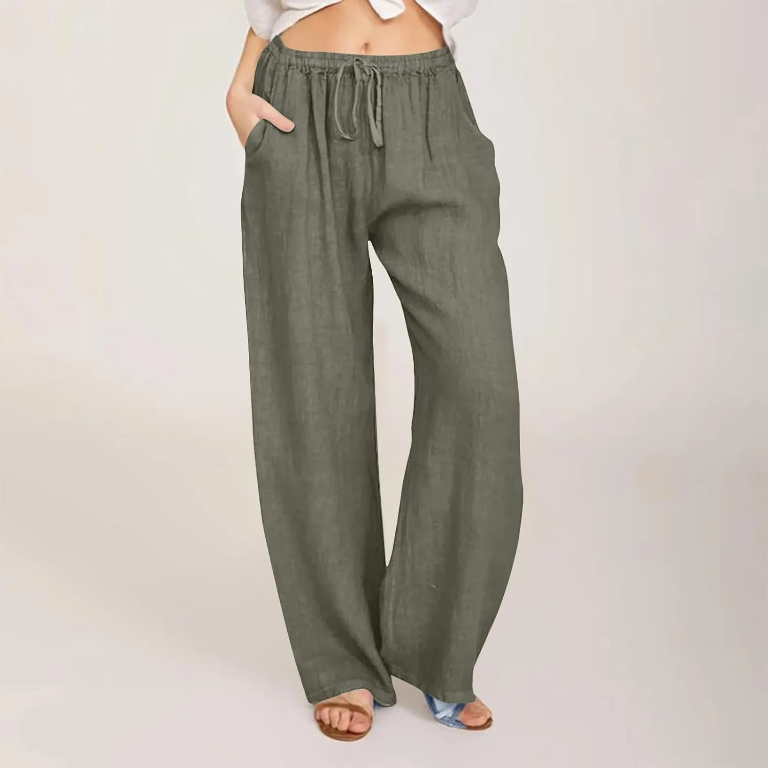 Cotton Linen Summer Pants Women Casual High Waist Drawstring Loose Fit Lightweight Long Palazzo Gauze Trousers