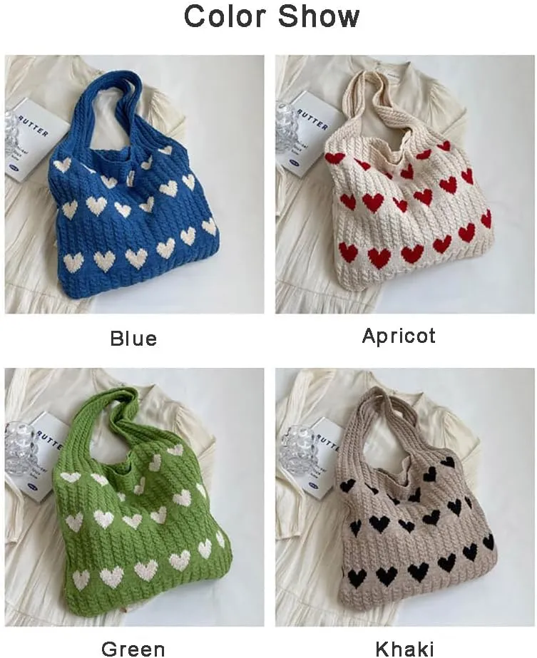 Crochet Tote Bag Heart Love Bags for Women Knitted Beach Tote Bag Hobo Bags Shopping Handbag with Accessory