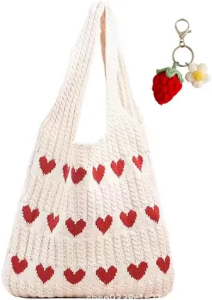 Crochet Tote Bag Heart Love Bags for Women Knitted Beach Tote Bag Hobo Bags Shopping Handbag with Accessory
