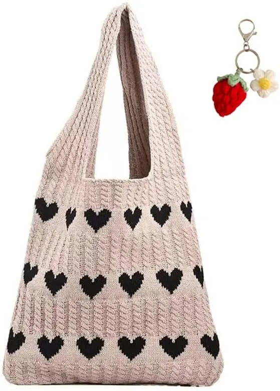 Crochet Tote Bag Heart Love Bags for Women Knitted Beach Tote Bag Hobo Bags Shopping Handbag with Accessory