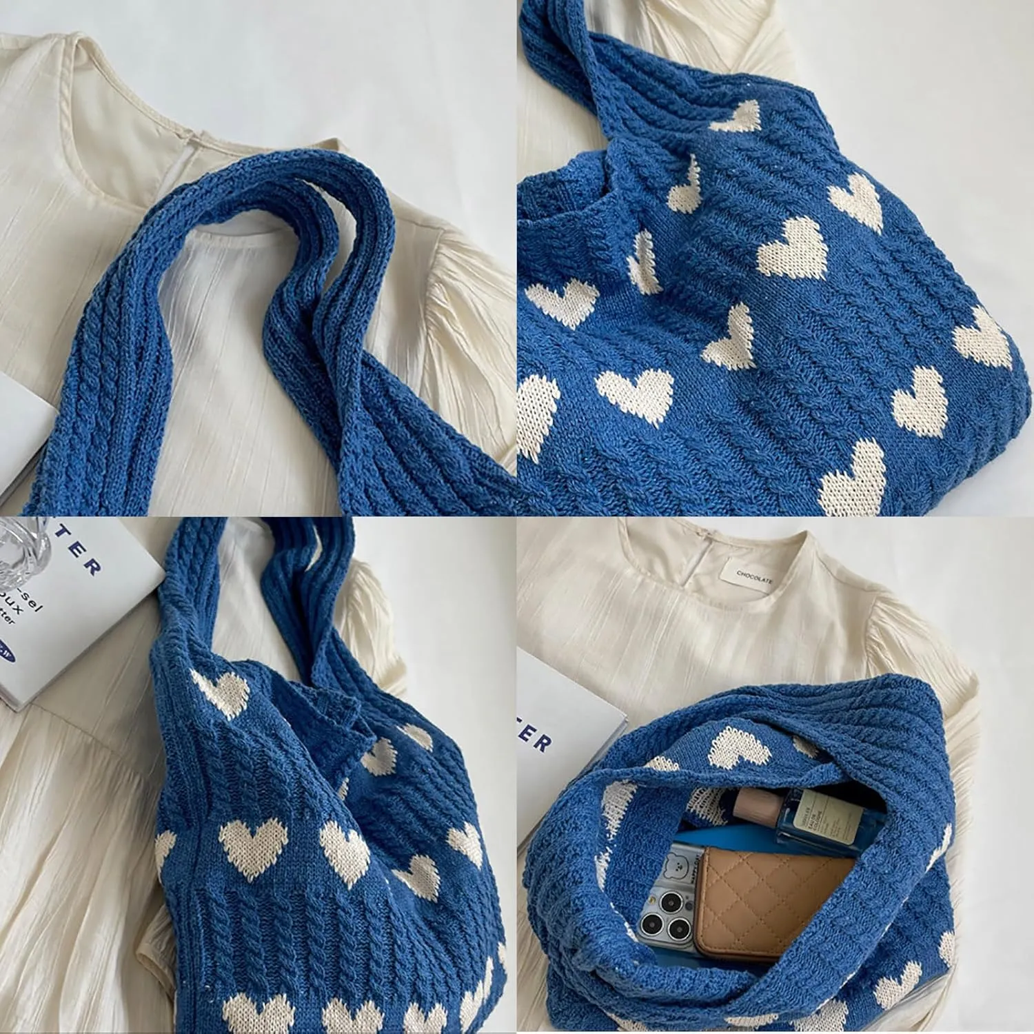 Crochet Tote Bag Heart Love Bags for Women Knitted Beach Tote Bag Hobo Bags Shopping Handbag with Accessory