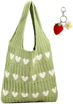 Crochet Tote Bag Heart Love Bags for Women Knitted Beach Tote Bag Hobo Bags Shopping Handbag with Accessory