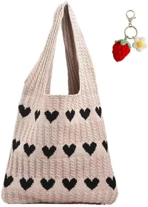 Crochet Tote Bag Heart Love Bags for Women Knitted Beach Tote Bag Hobo Bags Shopping Handbag with Accessory