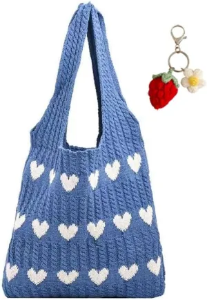 Crochet Tote Bag Heart Love Bags for Women Knitted Beach Tote Bag Hobo Bags Shopping Handbag with Accessory