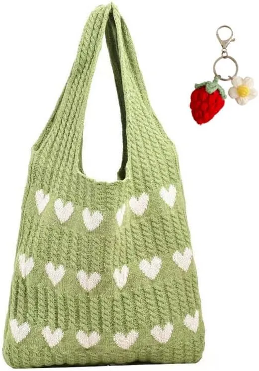 Crochet Tote Bag Heart Love Bags for Women Knitted Beach Tote Bag Hobo Bags Shopping Handbag with Accessory