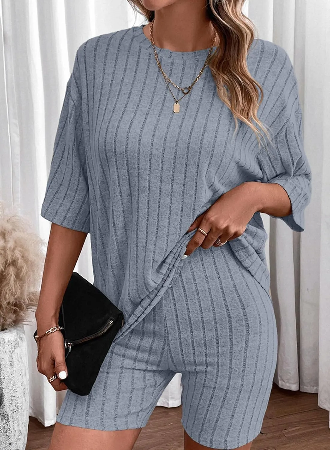 Dokotoo Women's 2 Piece Outfits Sets Crew Neck Casual Short Sleeve Tops Shorts Pants Lounge Sets