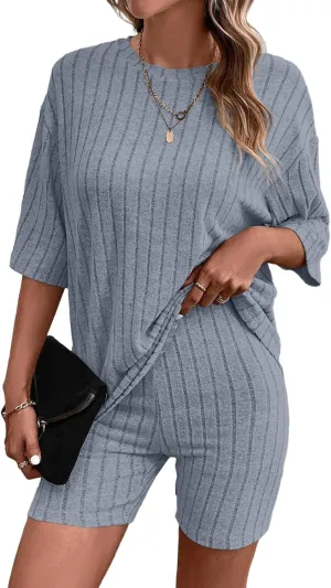 Dokotoo Women's 2 Piece Outfits Sets Crew Neck Casual Short Sleeve Tops Shorts Pants Lounge Sets