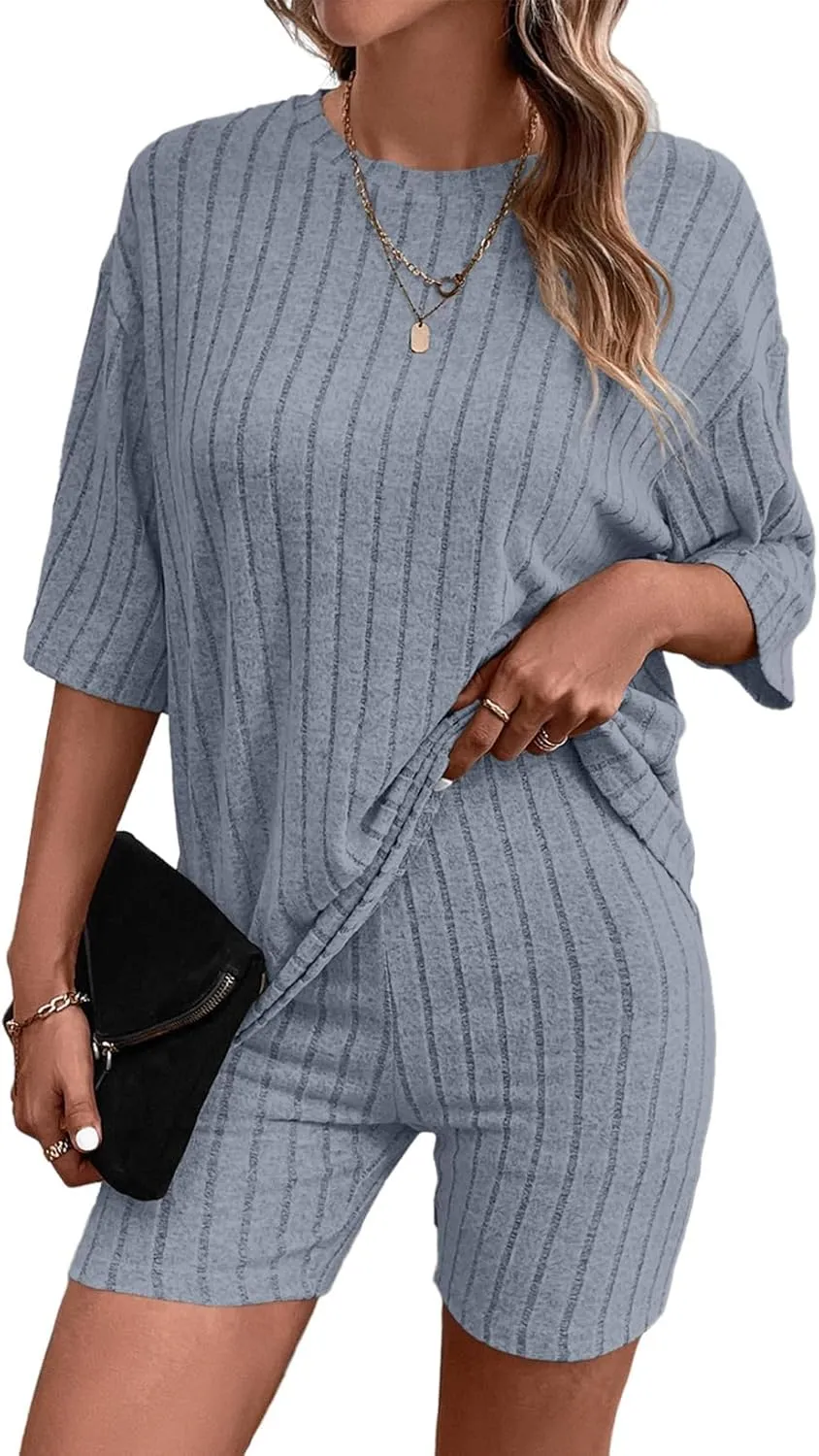 Dokotoo Women's 2 Piece Outfits Sets Crew Neck Casual Short Sleeve Tops Shorts Pants Lounge Sets
