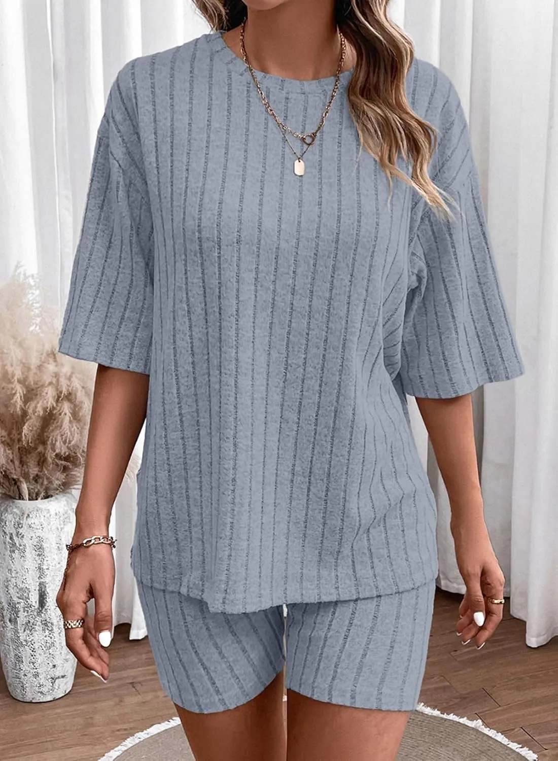 Dokotoo Women's 2 Piece Outfits Sets Crew Neck Casual Short Sleeve Tops Shorts Pants Lounge Sets