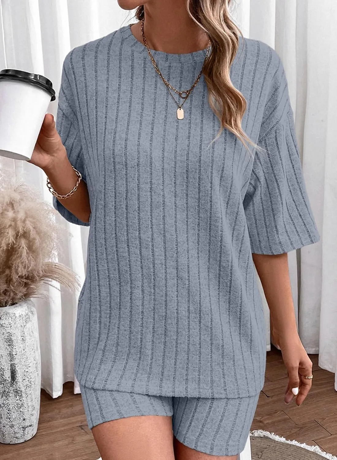 Dokotoo Women's 2 Piece Outfits Sets Crew Neck Casual Short Sleeve Tops Shorts Pants Lounge Sets